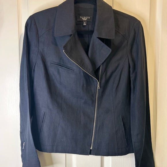 💙”Talbots” Women's Dark Navy 100% Linen Zip Front Jacket w/ Pockets Size 8P💙 - Picture 3 of 16